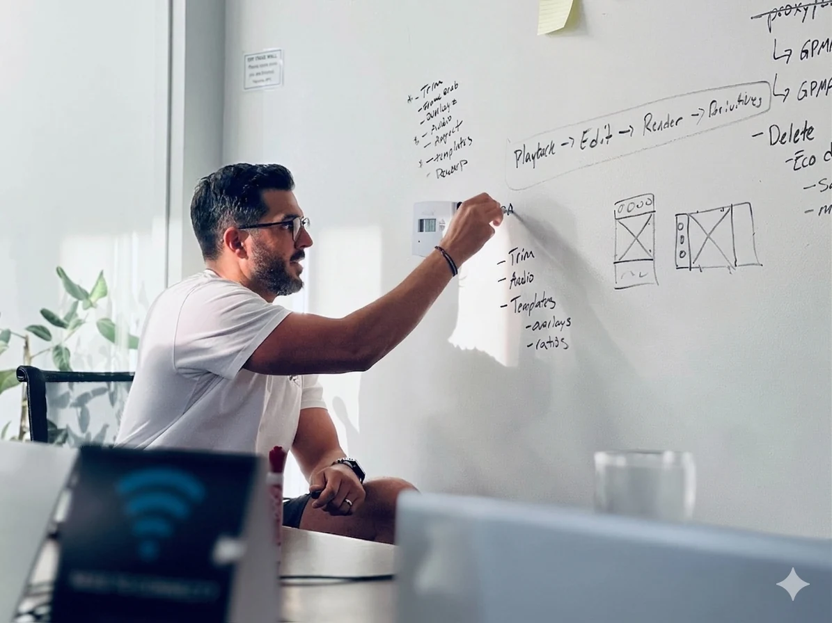 Steven sketching Quik’s video editing flows on a whiteboard
